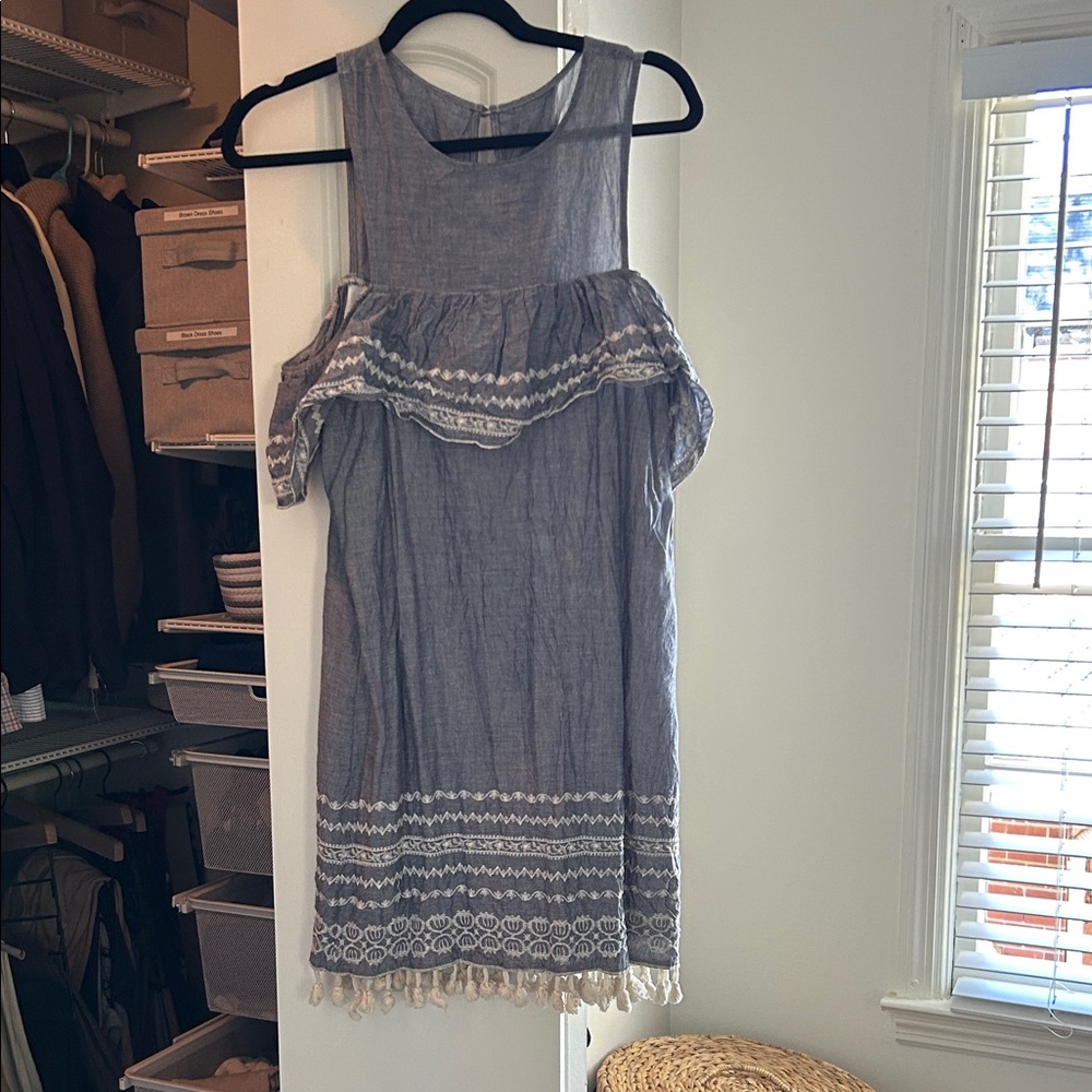 Blue Sleeveless Dress with White Embroidery